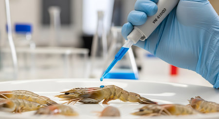 A scientist in blue gloves uses a micropipette to apply a blue liquid onto a raw shrimp on a white plate in a laboratory setting. This represents food safety inspection, quality control, or scientific research in aquaculture.の素材