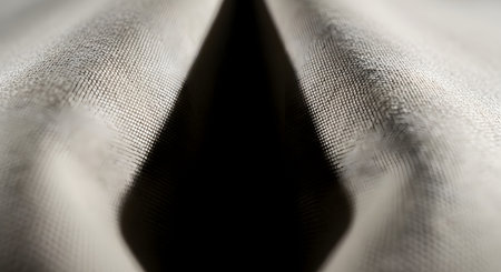 A macro shot captures the fine woven texture of a gray fabric, folded to create a deep, dark shadow in the center. The light highlights the intricate details of the threads, creating an abstract and minimalist background.の素材