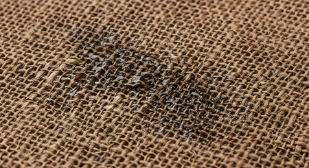 A macro, close-up shot captures a small spill of clear water on a piece of coarse, brown burlap fabric. The water darkens the natural fibers, highlighting the rough, woven texture of the textile.の素材