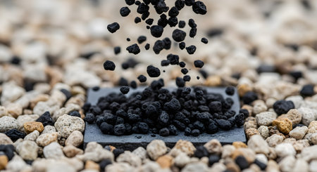 A macro, slow-motion style shot of small, black, porous pellets of active soil or volcanic rock falling onto a pile amidst a background of lighter-colored gravel. The image highlights concepts of growth, nutrients, gardening, and scientific precision.の素材