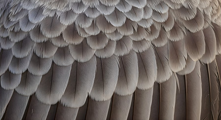A close-up macro photograph capturing the detailed texture and pattern of overlapping gray bird feathers. The soft, intricate barbules and layered structure create a natural, abstract background.の素材