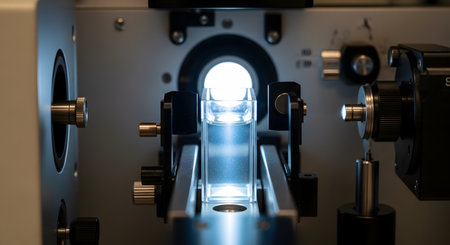 A close-up of a glass cuvette containing a liquid sample, placed inside a spectrophotometer or other scientific analysis equipment in a laboratory. The bright light passing through the sample highlights concepts of research, technology, chemistry, and scientific discovery.の素材