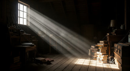 A dark and dusty attic room is illuminated by dramatic rays of sunlight streaming through a single window. The light highlights dust particles in the air, cobwebs, old furniture, and stacks of books, creating a mysterious atmosphere.の素材