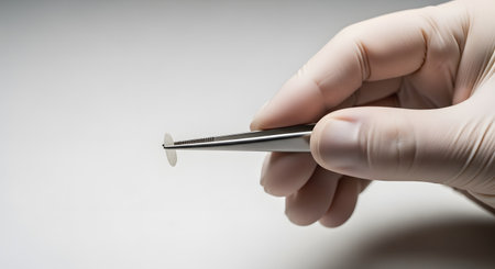 A hand wearing a sterile white latex glove carefully holds a small, translucent contact lens using a pair of metal tweezers. The image, set against a clean white background, conveys concepts of precision, science, medical technology, and vision care.の素材