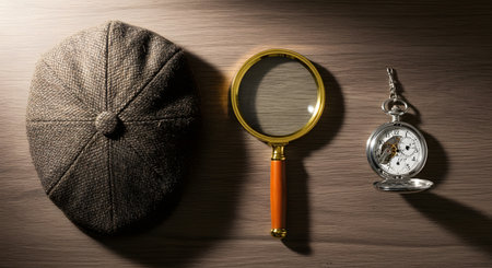 A flat lay of vintage detective-themed items on a wooden table. The objects include a tweed deerstalker or flat cap, a brass magnifying glass, and a silver pocket watch. The image evokes mystery, investigation, and classic detective stories.の素材