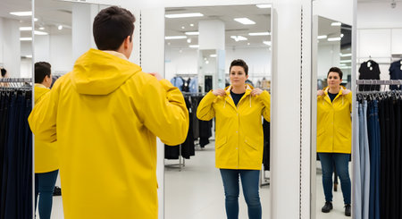 A person with short dark hair tries on a bright yellow hooded raincoat in a clothing store's fitting room. They are looking at their reflection in a three-way mirror, surrounded by racks of clothes.の素材
