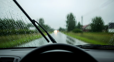 The view from inside a car's dashboard, looking through a wet windshield on a rainy day. The windshield wipers are in motion, clearing away raindrops, while the road and blurry lights are visible ahead.の素材