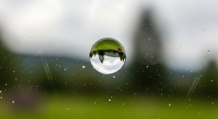A single, perfect water droplet on a glass window acts as a lens, refracting and inverting the green field and tree landscape behind it. The background is blurred with other rain particles, creating a beautiful, abstract nature concept.の素材