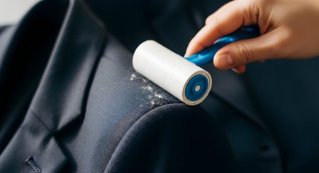 A person's hand is using a sticky lint roller to remove dust, pet hair, and debris from the shoulder of a dark blue or black suit jacket. The image illustrates the process of cleaning and maintaining clothing.の素材