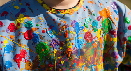 A close-up of a child's blue art smock covered in splatters of colorful, thick paint. The messy texture from various colors like red, yellow, blue, and green represents childhood creativity, art class, and messy fun.の素材
