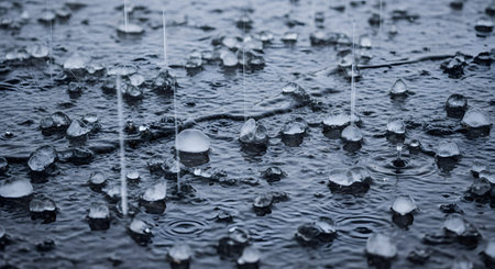 A close-up, macro shot of hail and sleet accumulating on a dark, wet ground during a storm. Rain is visibly falling and splashing around the small ice pellets. The image captures a cold, severe weather event.の素材
