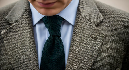 A close-up shot of a well-dressed man, showing his brown tweed sports jacket, light blue dress shirt, and a dark teal knit tie. The image focuses on the textures and layers of classic menswear, conveying style and sophistication.の素材