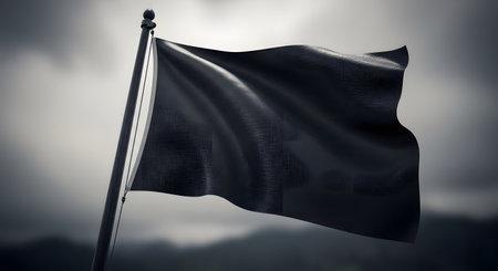 A blank black flag waves on a flagpole against a backdrop of a dark, dramatic, and cloudy sky. The monochrome and moody scene can symbolize mourning, surrender, protest, anarchy, or a somber event.の素材