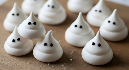 A group of cute, white ghost-shaped meringue cookies sit on a wooden cutting board. Each ghost has two small black candy eyes, making them a fun and spooky treat for a Halloween party.の素材