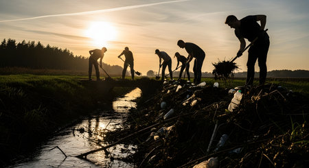 A silhouette of a group of volunteers at sunset, using shovels and rakes to clean up a heavily polluted river bank. They are clearing piles of trash and debris from a small stream, demonstrating environmental activism and teamwork.の素材