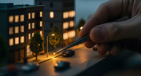 A close-up of a hand using tweezers to carefully place a miniature, illuminated streetlight into a detailed diorama of a city at night. The scene showcases the intricate, precise, and patient nature of model making and other detailed hobbies.の素材
