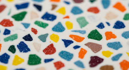 A macro, shallow-depth-of-field shot of a colorful terrazzo pattern. Multi-colored chips of stone (blue, green, red, yellow) are embedded in a white or light gray composite base, creating a vibrant, abstract, and modern textured background.の素材