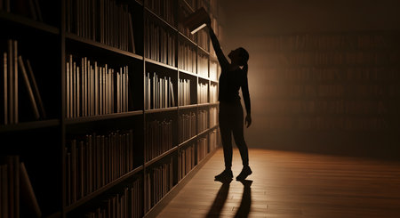 A silhouette of a woman standing in a vast, dark library, reaching up to take a book from a high, dramatically lit bookshelf. The scene conveys a sense of knowledge, discovery, research, and intellectual pursuit.の素材
