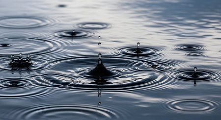 Raindrops fall onto the calm, dark surface of a body of water, creating a series of concentric circles and gentle ripples. The image captures a peaceful, meditative moment during a rain shower.の素材