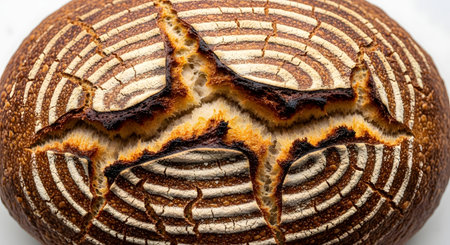 A close-up, top-down view of a freshly baked loaf of artisan sourdough bread. The dark, crispy crust features an intricate scoring pattern, revealing the lighter interior, and is dusted with flour for a rustic look.の素材
