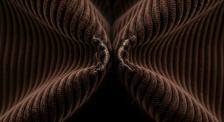 A symmetrical close-up photograph of a seam on a piece of rich brown corduroy fabric. The folded material creates an abstract, mirrored pattern that emphasizes the distinct ribbed texture and soft feel of the classic textile.の素材