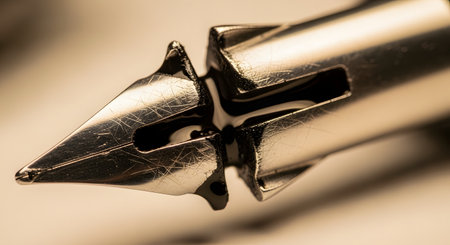 An extreme close-up, macro shot of the metal nib of a fountain pen, showing glistening black ink in its channel. The image, with its warm, vintage tones, evokes concepts of writing, calligraphy, literature, and classic communication.の素材
