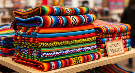 A large, neat stack of colorful, woven blankets or 'ponchos' displayed for sale at a market. The textiles feature vibrant, striped patterns, and a sign reads 'Authentic Ponchos', representing Mexican culture or souvenirs.の素材