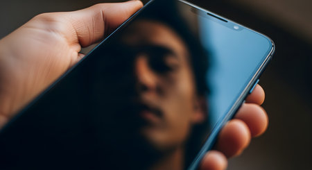 A person's blurry and distorted face is reflected on the dark, shiny screen of a smartphone being held in their hand. The image explores themes of technology addiction, digital identity, screen time, and the relationship between self and the digital world.の素材