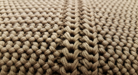 A detailed macro shot of a brown knitted fabric, showing the intricate texture of the yarn. The V-shaped knit stitches are clearly visible, creating a warm, cozy, and patterned textile background.の素材