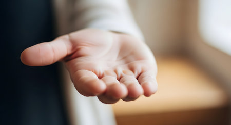 A close-up, shallow-focus shot of a person's hand held open with the palm facing up. The gesture can symbolize giving, receiving, asking, begging, or offering help, set against a softly blurred indoor background.の素材