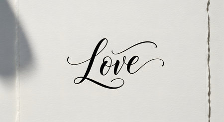 The word 'Love' is written in a single line of elegant, black, cursive calligraphy script on a piece of textured, off-white paper. Soft shadows and the deckle edge of the paper are visible, creating a romantic and classic feel.の素材