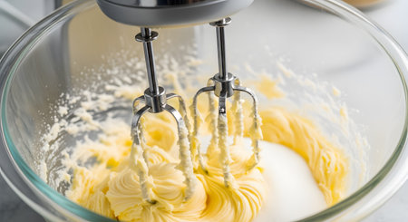 A close-up shot of an electric hand mixer's beaters creaming softened yellow butter in a large glass bowl. Granulated sugar is being added to the mixture, showing a key step in the baking process for cakes or cookies.の素材