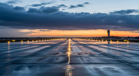 A ground-level view of an empty, wet airport runway at sunset. The runway lights and centerline lights are illuminated, reflecting on the wet surface, with the control tower and a colorful dusk sky in the distance.の素材