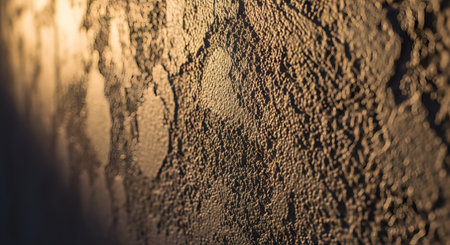 A close-up, side-angle view of a rough, textured wall, possibly made of stucco or plaster. Warm light grazes the surface, creating highlights and deep shadows that emphasize its bumpy and uneven texture. This image works well as an abstract background.の素材