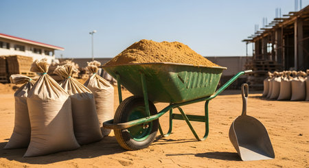 A green wheelbarrow is filled with a large mound of sand, standing on dusty ground at a construction site. Sacks of material and a building under construction are visible in the background under a clear blue sky.の素材