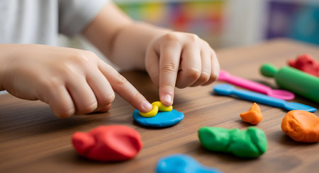 A close-up shot of a child's hands playing with colorful modeling clay on a wooden table. The child is shaping a piece of yellow clay on top of a blue piece, with other colors and plastic tools scattered nearby, representing creativity and childhood development.の素材