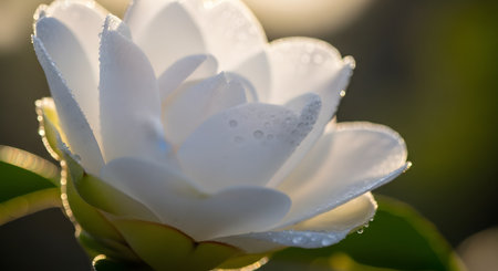 A beautiful macro shot of a delicate white camellia flower in soft, backlit morning light. Tiny dew drops are visible on the edges of the soft petals, creating a serene and pure natural image.の素材