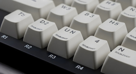 A close-up, angled shot of white doubleshot PBT keycaps on a mechanical keyboard. The image highlights the high-quality construction and crisp legends, with row indicators visible on the side.の素材