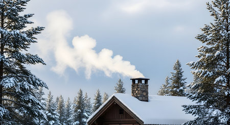 A cozy log cabin is nestled in a snowy winter forest, with its roof and a stone chimney covered in snow. White smoke billows from the chimney, indicating a warm fire inside, set against a backdrop of snow-covered pine trees and a light blue sky.の素材