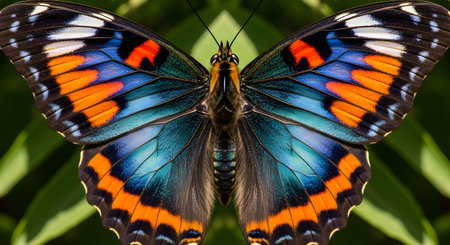 A stunning, perfectly symmetrical macro photograph of a butterfly with its wings wide open, showcasing a brilliant pattern of blue, orange, red, and black colors. The intricate details and vibrant hues highlight the beauty of nature and insects against a green leafy background.の素材