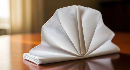 An elegantly folded white cloth napkin, arranged in a fan or crown shape, sits on a polished, reflective wooden table. The setting suggests fine dining, a restaurant, a formal event, or hospitality.の素材