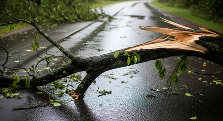 A large, broken tree branch lies across a wet asphalt road, blocking the path after a storm. The scene depicts the aftermath of severe weather, such as a hurricane or high winds, symbolizing obstacles, damage, and danger.の素材
