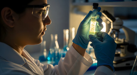A female scientist in a dark lab, wearing safety goggles and blue gloves, carefully examines a test tube. The vial contains a glowing yellow liquid with suspended particles or bubbles, with a microscope in the background.の素材