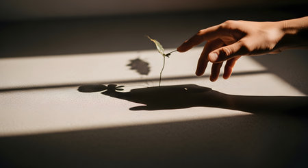 A person's hand gently reaches out to touch a tiny sprout with small leaves, casting a dramatic, long shadow across a light-colored surface. The image is conceptual, symbolizing growth, new life, delicacy, and the nurturing of potential.の素材