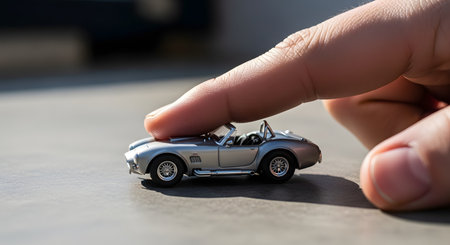 A person's finger gently pushes a tiny, highly detailed silver miniature classic sports car across a gray surface. The close-up shot emphasizes the scale difference between the hand and the die-cast model, representing concepts of control, hobby, or small scale.の素材