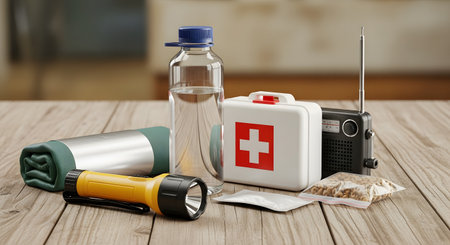 A collection of essential emergency and disaster preparedness items is displayed on a wooden table. The kit includes a first aid box, bottled water, a flashlight, a radio, a survival blanket, and sealed bags of food, representing safety and readiness.の素材