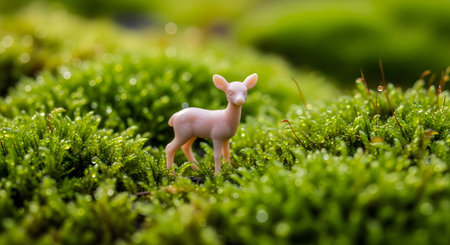 A tiny, light pink plastic fawn figurine stands surrounded by lush, vibrant green moss dotted with water droplets. The macro shot creates a beautiful, miniature natural scene, suggesting fantasy, conservation, or a diorama.の素材