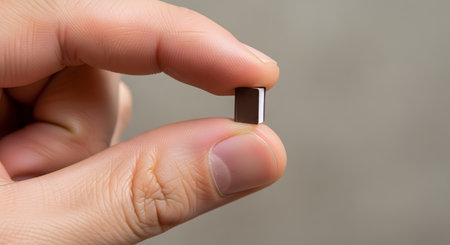 A close-up macro shot of a person's thumb and forefinger holding an extremely tiny miniature book. The book is incredibly small, emphasizing concepts of micro-sizing, detail, data, or the novelty of miniature objects. The background is a simple, blurred grey surface.の素材