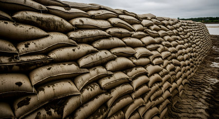 A massive, high wall constructed from stacked burlap sandbags, covered in mud from a recent flood, stretches into the distance. This large-scale barrier is used for emergency flood defense, symbolizing protection, disaster management, and resilience.の素材