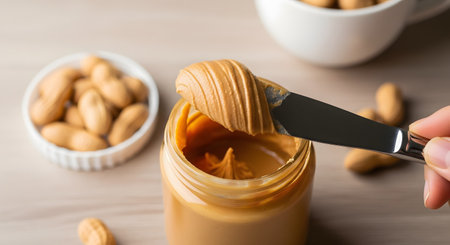 A close-up shot of a hand holding a knife, spreading a thick, creamy swirl of peanut butter from an open jar. In the background, a white bowl of peanuts in the shell and a cup are visible on a light wooden table. This image conveys a sense of a delicious breakfast, snack, or food preparation.の素材